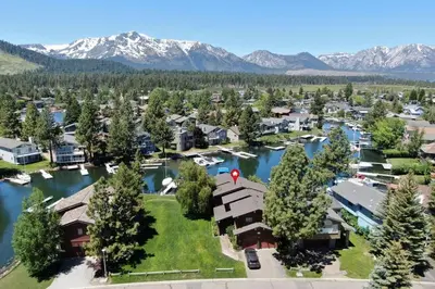 an aerial view of a town with a lake and mountains at TKH1226 - Emerald Lodge home in South Lake Tahoe