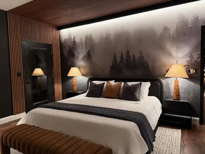 a bedroom with a large bed with a painting on the wall at Elegant Blackwood Grove by Casa Oso in Mariposa