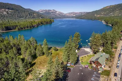 an aerial view of a lake in the mountains at Pebble Place at Tahoe Donner by Tahoe Getaways - Pet Friendly, Single Level w HOA in Truckee