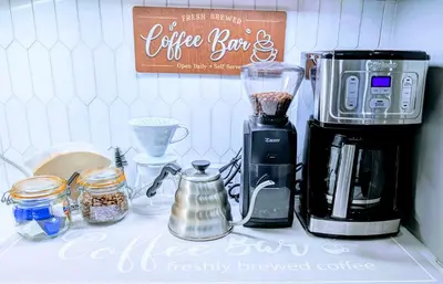 a coffee maker sitting on top of a counter at Mountain Retreat - Lake Tahoe - Incline Village - Private Garage in Incline Village