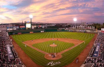 an aerial view of a baseball game at dusk at NEW Chic 2BR Stay with Heated Pool Gym & Mini Golf in Steamboat