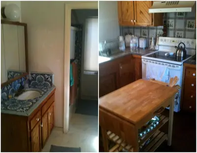 two pictures of a kitchen with a sink and a counter at Captivating Riverfront Vacation Rental for Large Groups in Three Rivers, California in Three Rivers