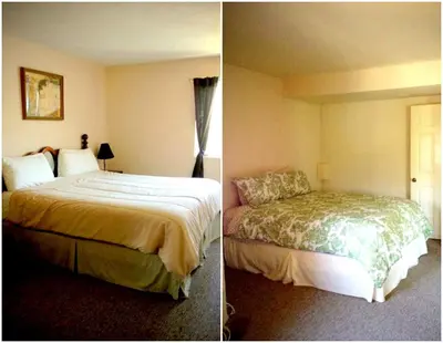 two pictures of a bedroom with a bed and a window at Captivating Riverfront Vacation Rental for Large Groups in Three Rivers, California in Three Rivers