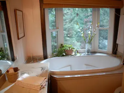 a large bath tub in a bathroom with a window at Country Cabin with Spa Hot Tub and Private Deck near Rollins Lake in California in Gold Run