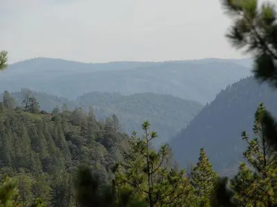 a view of a valley with trees and mountains at Country Cabin with Spa Hot Tub and Private Deck near Rollins Lake in California in Gold Run