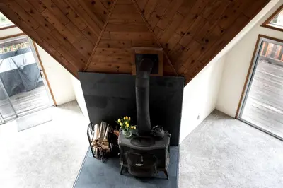 an overhead view of a stove in a room with windows at Secluded Dome Rental Surrounded by Stunning Nature near Arnold, California in Arnold