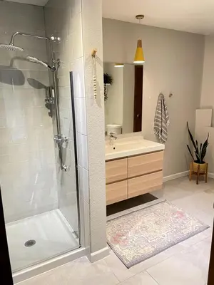 a bathroom with a shower and a sink at Secluded Dome Rental Surrounded by Stunning Nature near Arnold, California in Arnold