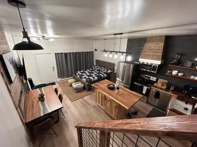 an aerial view of a kitchen and living room at First level studio Unit #7 close to everything bike, ski, swim Zephyr Cove! in Zephyr Cove