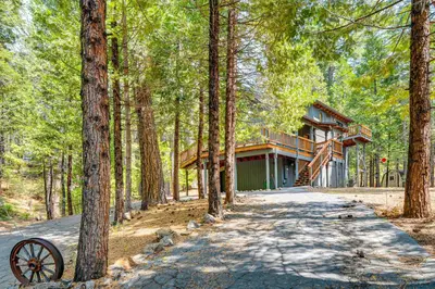 a road leading to a house in the woods at Game Room Blue Lake Mountain Retreat in Arnold in Arnold