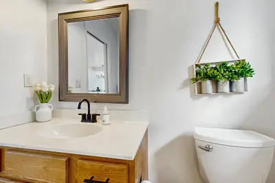 a bathroom with a sink and a mirror and a toilet at Modern Mountain Escape in South Lake Tahoe