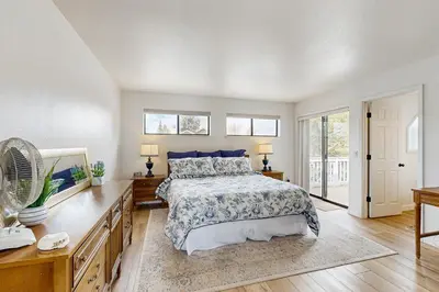 a bedroom with a king sized bed and a fan at Modern Mountain Escape in South Lake Tahoe