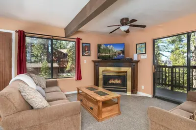 a living room with a couch and a fireplace at Yosemite Aviary - Bird's Eye View Awesome Upper Unit in Yosemite West