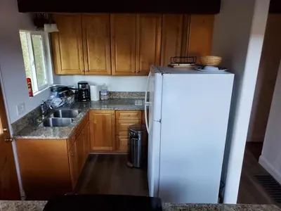 a kitchen with a white refrigerator and wooden cabinets at Serenity View, Peaceful & Cheerful 3BD Cabin in Groveland