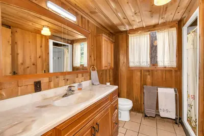 a bathroom with a sink and a toilet at Rustic Knotty Pine - Old Cabin Vibes in Shaver Lake