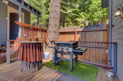 a grill on a deck next to a tree at Hyphen 5-bedrooms rental, private beach, filtered view in Tahoe City