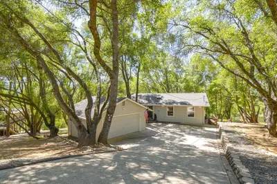 a house with a tree in the driveway at Yosemite Home Base Community Perks and Lake Access! in Groveland