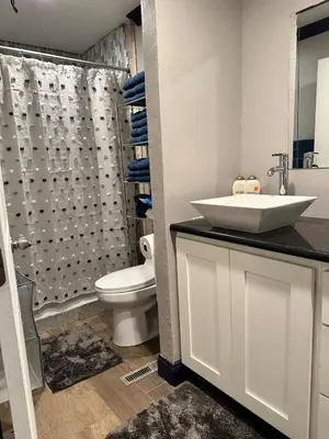 a bathroom with a sink and a toilet and a shower at Memorable Moment at Placid Blue with Pool & Hot Tub in Sacramento