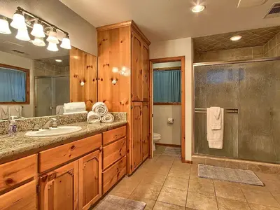 a large bathroom with a sink and a shower at Gorgeous Vacation Rental with Hot Tub near Yosemite National Park, California in Mariposa