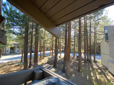 a view from the porch of a house with trees at Horizons 4 Communal Rec Room & Pool in Mammoth Lakes