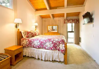 a bedroom with a bed and a tv in a room at Villa De Los Pinos #33 Year-Round Activities in Mammoth Lakes