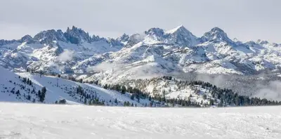 a snow covered mountain range with trees in the foreground at Cozy Condo for 4 Near Shuttle & Eagle Lodge in Mammoth Lakes