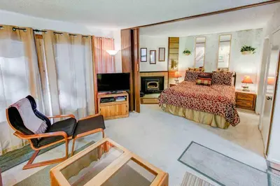 a large bedroom with a bed and a television at Mountain Shadows #F02 - Near Shuttle & Shopping in Mammoth Lakes