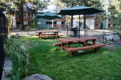 a group of picnic tables with umbrellas in a park at Mountain Shadows #F02 - Near Shuttle & Shopping in Mammoth Lakes