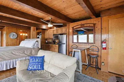 a living room with a couch and a bed in a cabin at Stunning Views at Stargazer - Lakefront Studio in Crystal Bay
