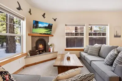 a living room with a couch and a fireplace at Sunny Woods Acres - Near Golf & Adventure Park in Tahoe Vista