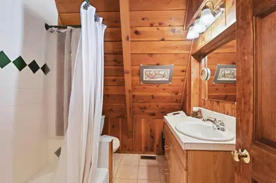 a bathroom with a shower and a sink and a toilet at Beautiful Mountain Getaway in Kings Beach
