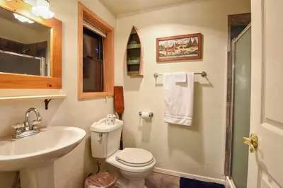 a bathroom with a toilet and a sink and a shower at Tahoe Pines Cabin in Homewood