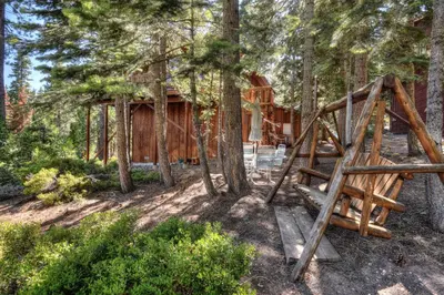 a tree house in the woods with a swing at Vista Point - 5 Minutes to Kings Beach in Tahoe Vista