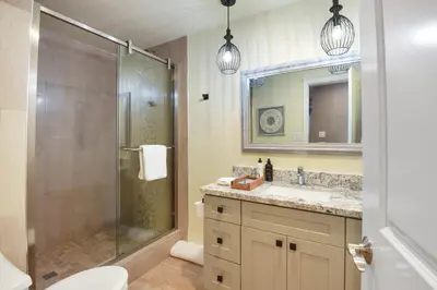 a bathroom with a shower and a toilet and a sink at Alpine Chalet Nature Lovers Rejoice Chic 4 BDR in Alpine Meadows