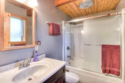 a bathroom with a sink and a shower at Chamberland Getaway Lake Views with Deck in Tahoma