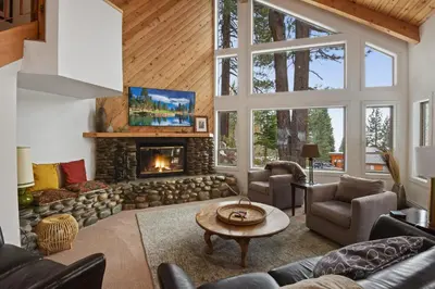 a living room with a fireplace in a house at Incline Village Manor Near Beach & More in Incline Village