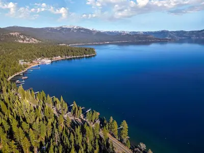 an aerial view of a large body of water at Lakeview Hideaway 3BDR for 8 w Private Hot Tub in Carnelian Bay