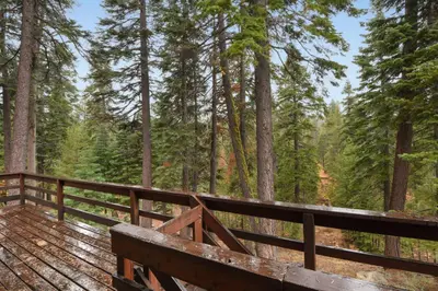 a wooden boardwalk in a forest with trees at Lake Tahoe Treasure Minutes from Beach & Skiing in Tahoma