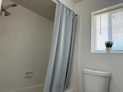 a bathroom with a shower curtain and a toilet at Private Suites in Sacramento