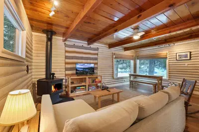 a living room with a couch and a stove at Augies Authentic Log Cabin Pets Welcome in South Lake Tahoe