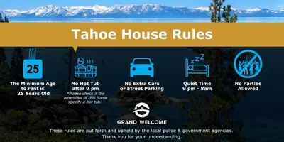 a sign that reads takehoe house rules with mountains in the background at North Lake Tahoe Alpine Retreat 5 Min to Skiing in Alpine Meadows