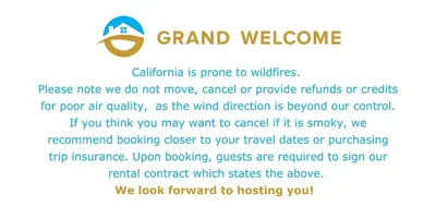 a flyer for a grand welcomes event with a picture of a tree at Powder Run Retreat Modern Stay for 6 With On-site Ski Access & Mountain Views in Truckee