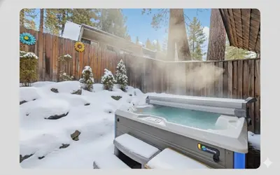 a hot tub in a yard covered in snow at The Tahoe Nest in Incline Village
