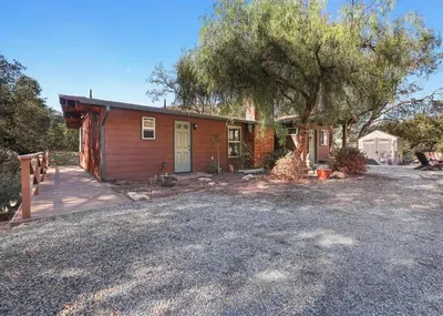 a small house with a tree and a driveway at Bear Hollow by Sequoia National Park in Three Rivers