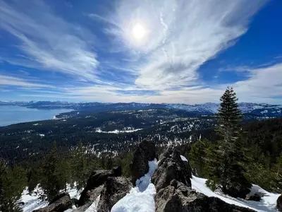 a view from the top of a mountain with snow at Serenity on Statford - Close to Northstar in Tahoe Vista