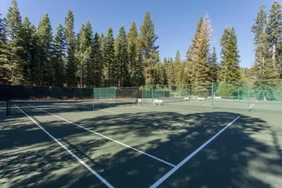a tennis court with trees in the background at Silver Tree Sanctuary in Aspen Grove in Truckee