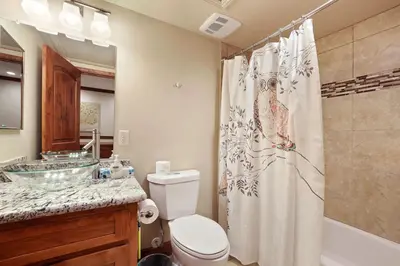 a bathroom with a toilet and a shower curtain at Tahoe Woods Villa - Walk to Beach and Gondola - Heavenly Ski in South Lake Tahoe