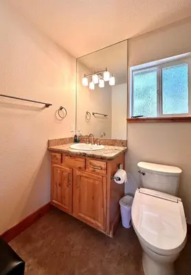 a bathroom with a toilet and a sink and a mirror at The Elevator House - Sleeps 10 in Stateline