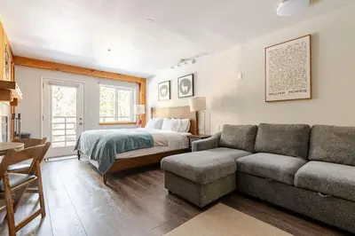 a living room with a bed and a couch at Kirkwood Studio Full Kitchen & Meadow Balcony in Kirkwood