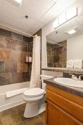 a bathroom with a toilet and a sink and a tub at Super-Efficient Studio with Full Kitchen Balcony & Smart Sleeping Options in Kirkwood