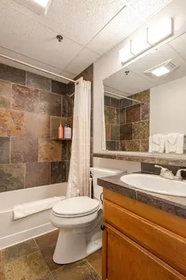 a bathroom with a toilet and a tub and a sink at Modern Kirkwood One Bedroom with Deck in Kirkwood